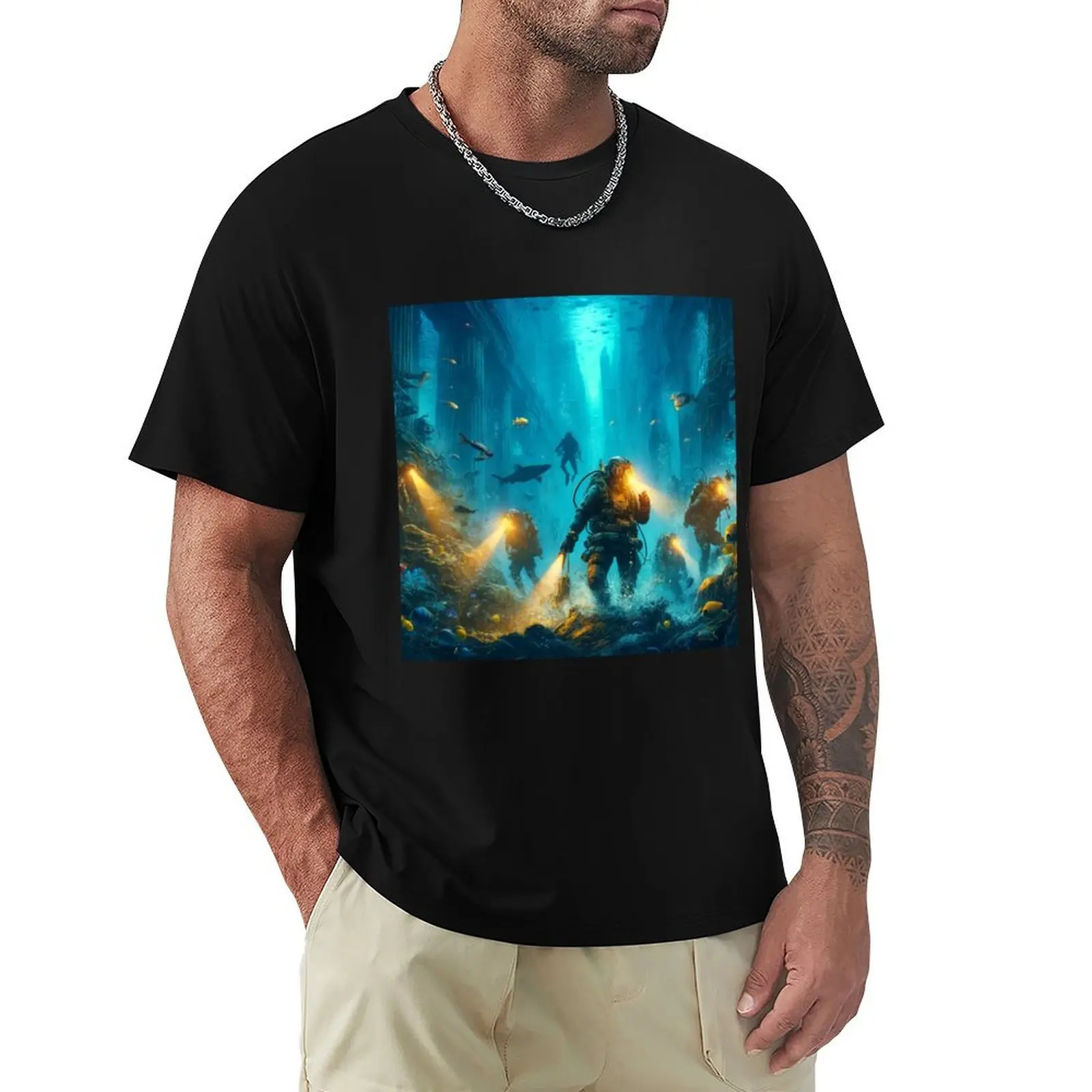 Scuba Divers Exploring Post Apocalyptical Underwater Cityscape T-Shirt Retro Style Print Casual Top