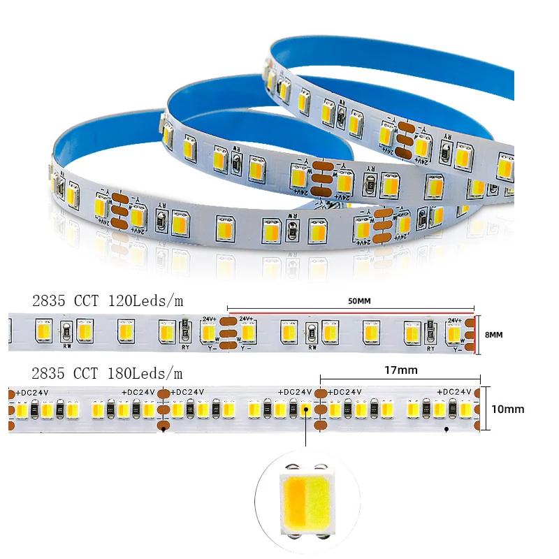 

2835 CCT Led Strip 5m 120 180 Leds/m LED Light 2 Color in 1 Chip High brightness CRI Flexible Light StripeTape DC 12V/24V