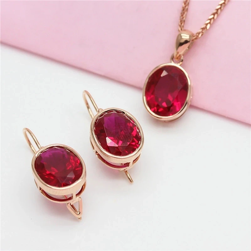 585 Purple Gold Simple Ruby Ladies Jewelry Set 14K Rose Gold Inlaid Oval Ring Earring Necklace Classic Glamour Party Jewelry