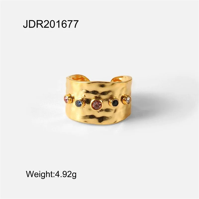 Colorful Cubic Zircon CZ Stone Crystal Wide Band Rings for Women Stainless Steel Waterproof 18K Gold Plated Statement Jewelry