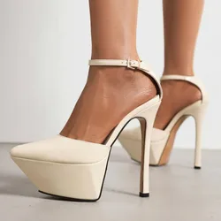 15CM Lemon Yellow Patent leather Pointed Toe High Heel Shoes T-strap Platform Pumps Women Buckle Strap Shoes