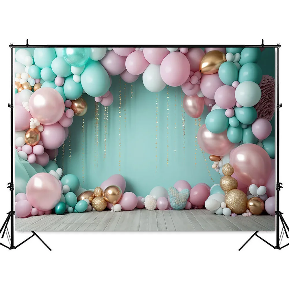 Fundo sob o mar para fotografia, balões coloridos, aniversário de sereia, bolo esmagador, fundo para crianças, banner retrato