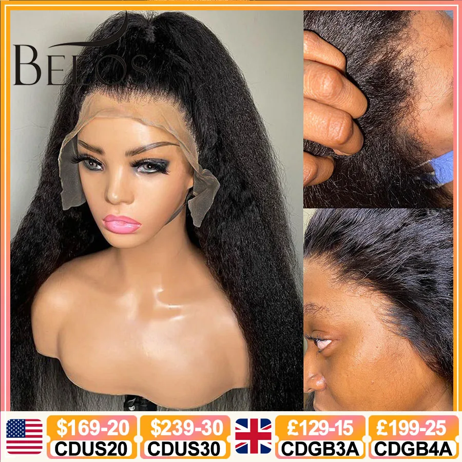 

BEEOS Kinky Straight 13x6 Full Frontal HD Lace Wigs Human Hair Pre Plucked 13X4 Human Hair Lace Frontal Wig Bleached 5x5 Closure