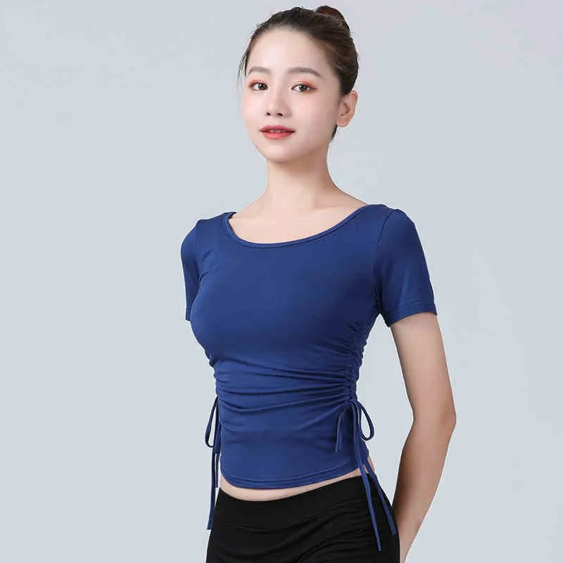 

women's modern dance shirt Adult Summer Short Sleeve Drawstring Slim Fit Exercise top Modal classical dance practice clothes