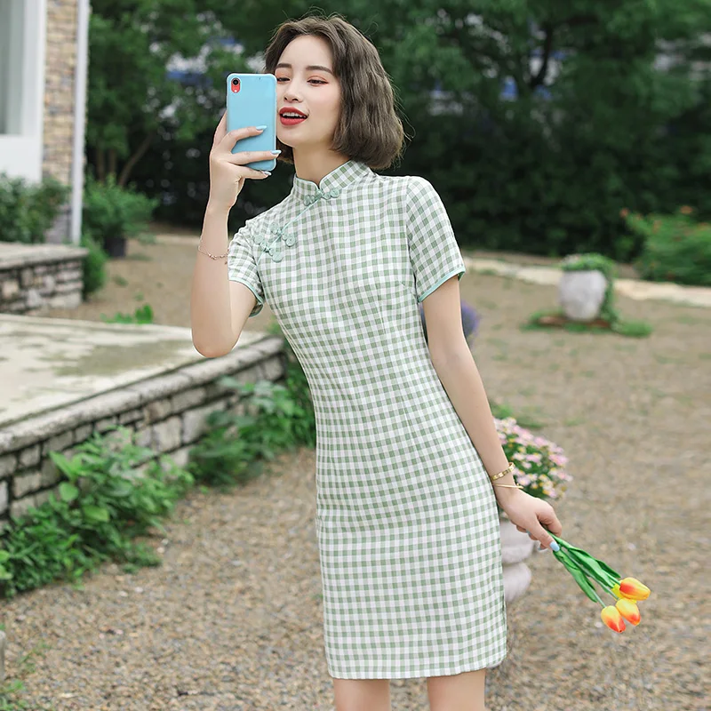 

Girls Fashion Collar Cheongsam New Summer Sexy Retro Lattice Lady Young Improved Daily Chinese Traditional Cheongsam Dress