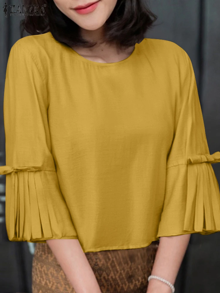 

ZANZEA Women Summer Tops 2025 Casual 3/4 Sleeve Bow Solid Color Blouse Pleated Fashion Shirts Casual Loose Tunic Office Blusas