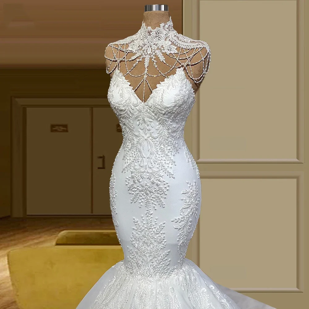 Robe de Mariée Sirène en Dentelle Personnalisée, Col Haut, avec Glands Appliqués, avec Traîne de Balayage, Dos aux, Éducative, pour Patients