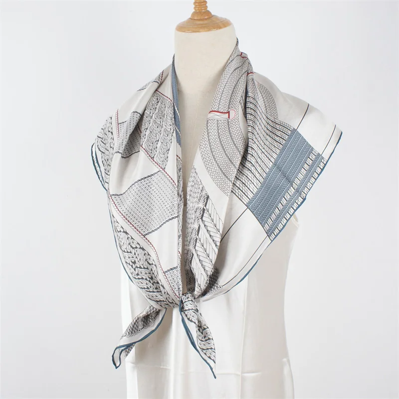 90 100% Silk Scarf Wraps Gray Printed Large Square Silk Head Scarves Hijab for Hair Wrapping for Women