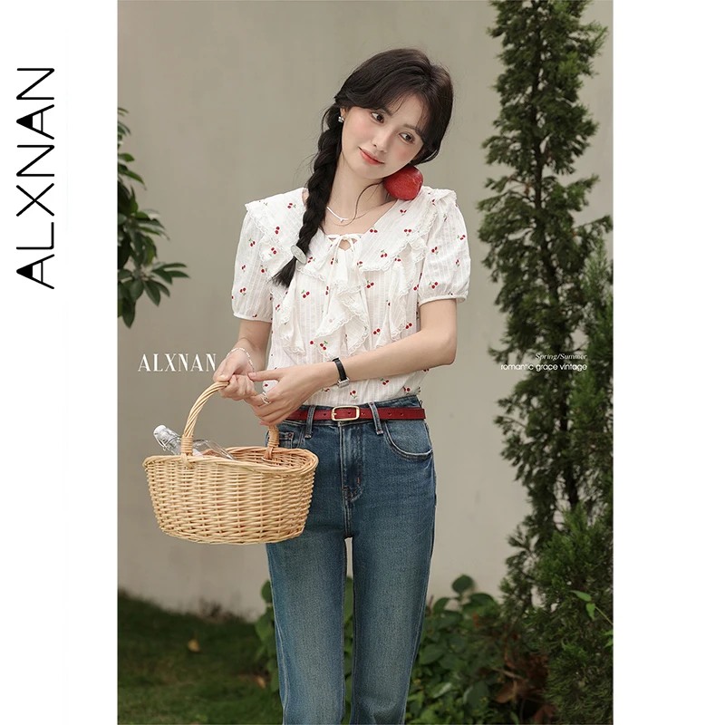 ALXNAN Women Shirt Cute Cherry Print Lace-up Cotton 100% Blouses Peter Pan Collar Flounce Design Short Sleeve Tops Ladies L53556