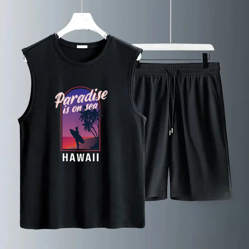 

2025 Men's Summer Sleeveless Purple atmosphere English printing Casual Sets Breathable Daily Outfit Comfortable Fashionable set