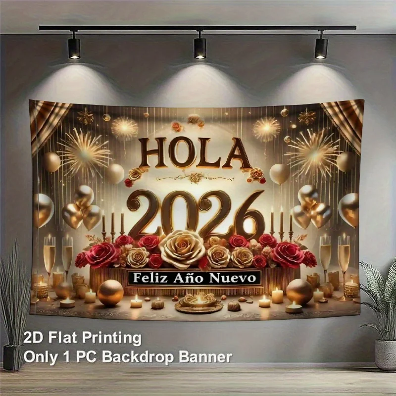 VIKAMA 2026 New Year Spanish Tapestry Golden Rose Fireworks Balloon Background Cloth New Year Party Decoration