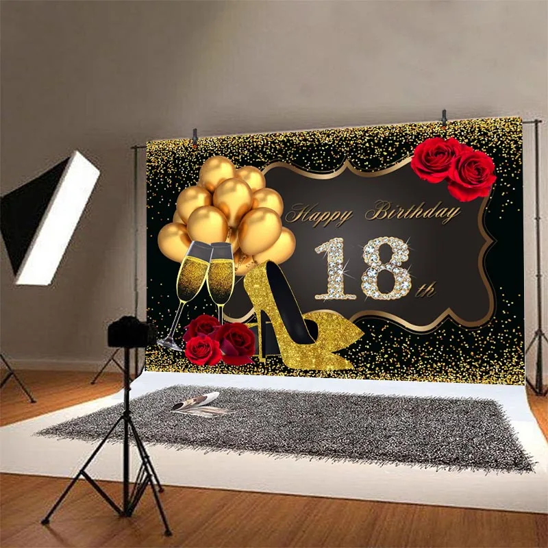 Happy 18th Birthday fondale Glitter Gold Boys Girls festa di compleanno di 18 anni fotografia sfondo Photo Booth puntelli