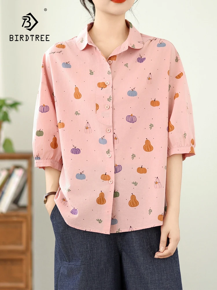 

New 2025 Autumn Cotton Half Sleeve Shirt, Women Turn-down Collar Pumpkin Print, Mori Girl Age Reduction Loose Blouse T57082CC