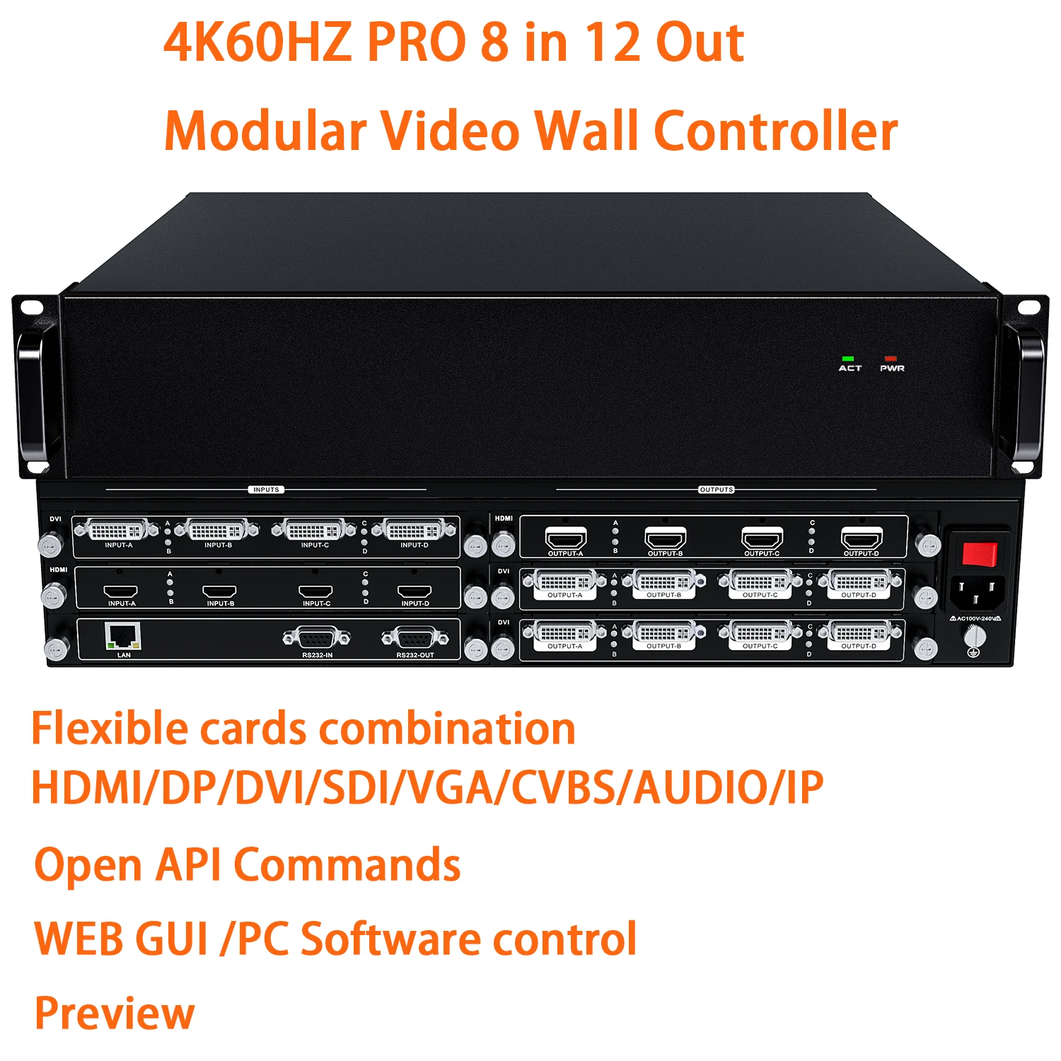 8 in 12 Out Modular Pro Video Wall Controller 4K60hz 4K30hz 1080P HDMI SDI VGA DP IP Video Wall Processor Web Gui