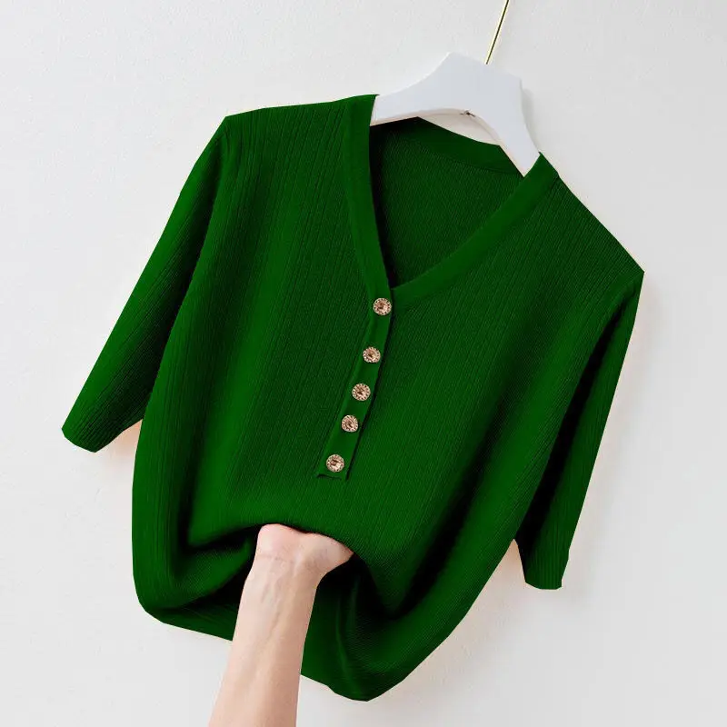 Summer New Knitting Solid Color Pullovers V Neck Short Sleeve All-match Short Sweaters Tops Fashion Temperament Women Clothing