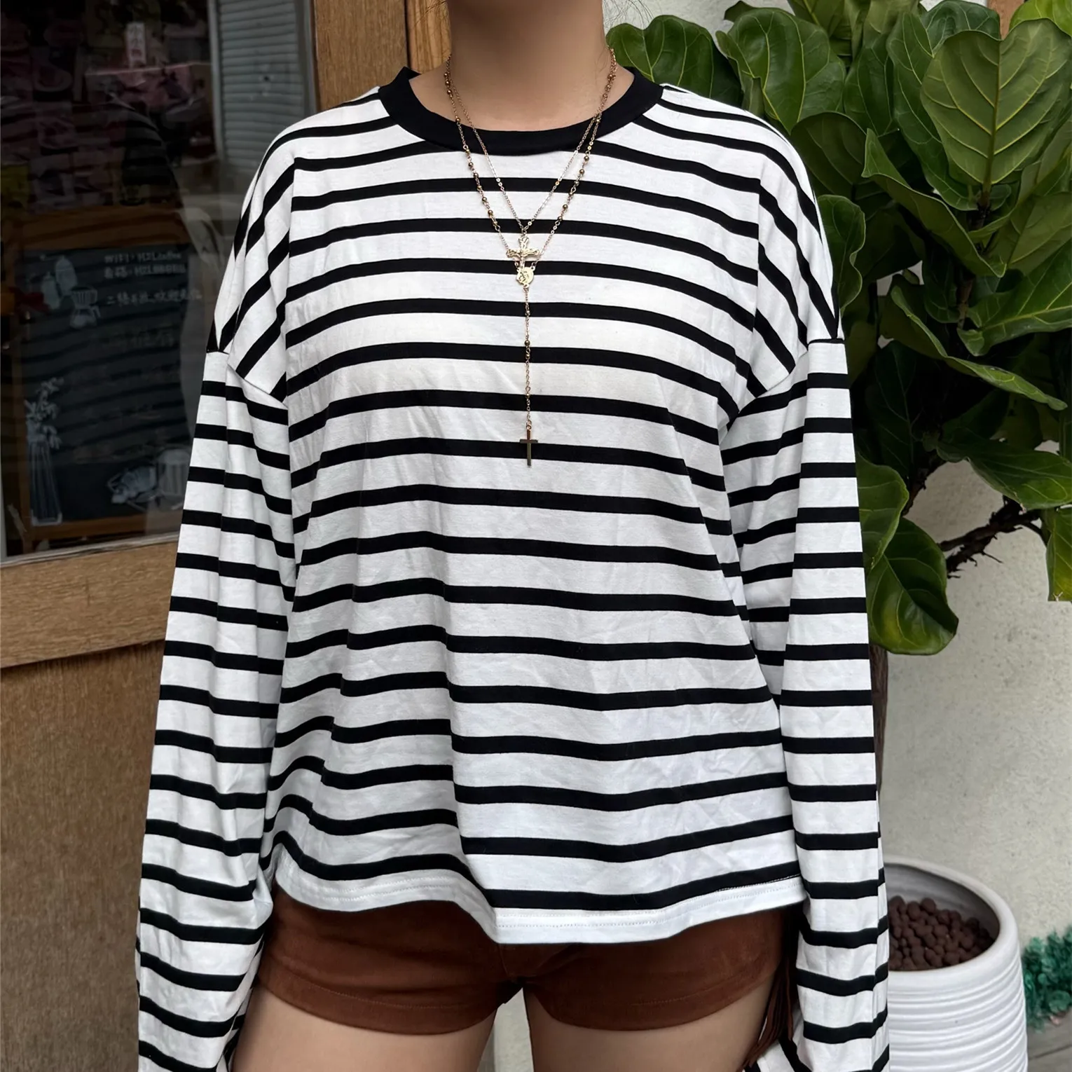 تي شيرت نسائي فضفاض أساسي بأكمام طويلة ورقبة مستديرة وخطوط مطبوعة تي شيرت بلوزات ربيع الخريف Y2K ملابس خروج عتيقة #2