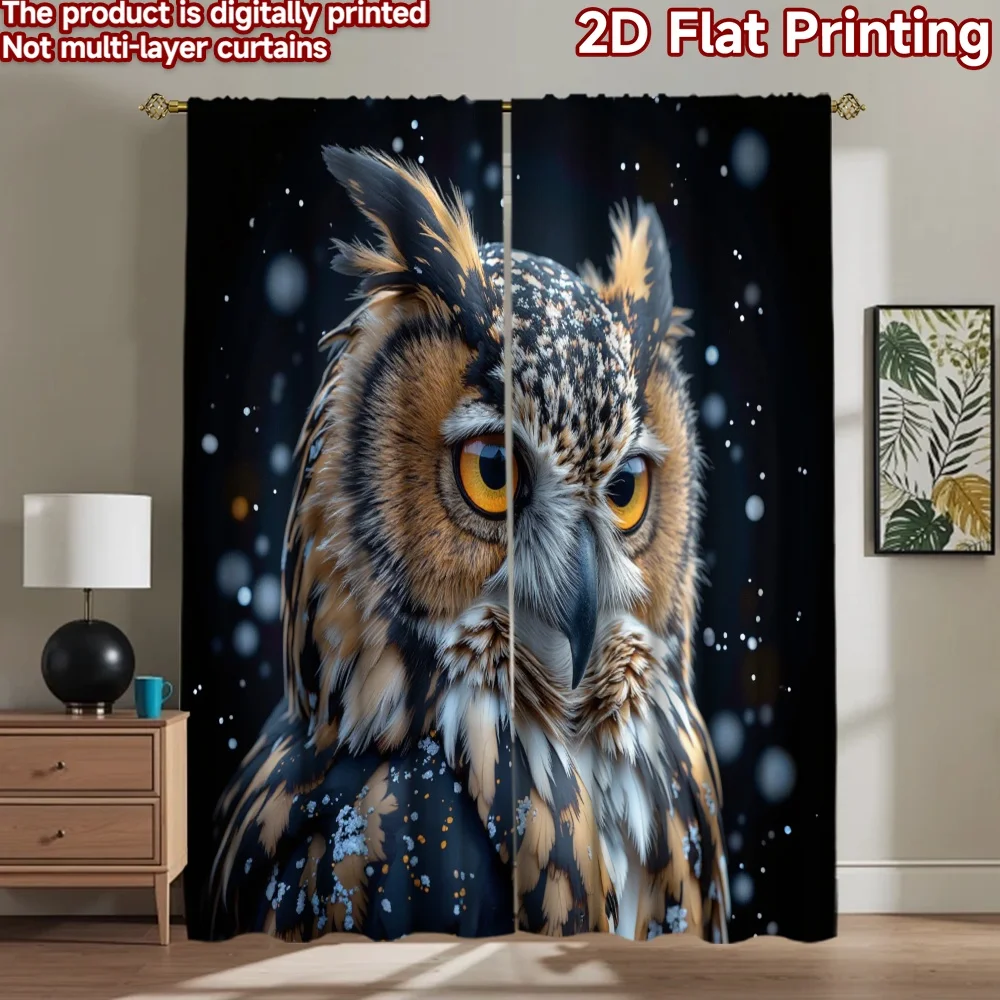2D flat 2pcs Curtain Modern Minimalist Style Snowy Owl Portrait Durable polyester fiber Party & Holiday Decor for New Year and