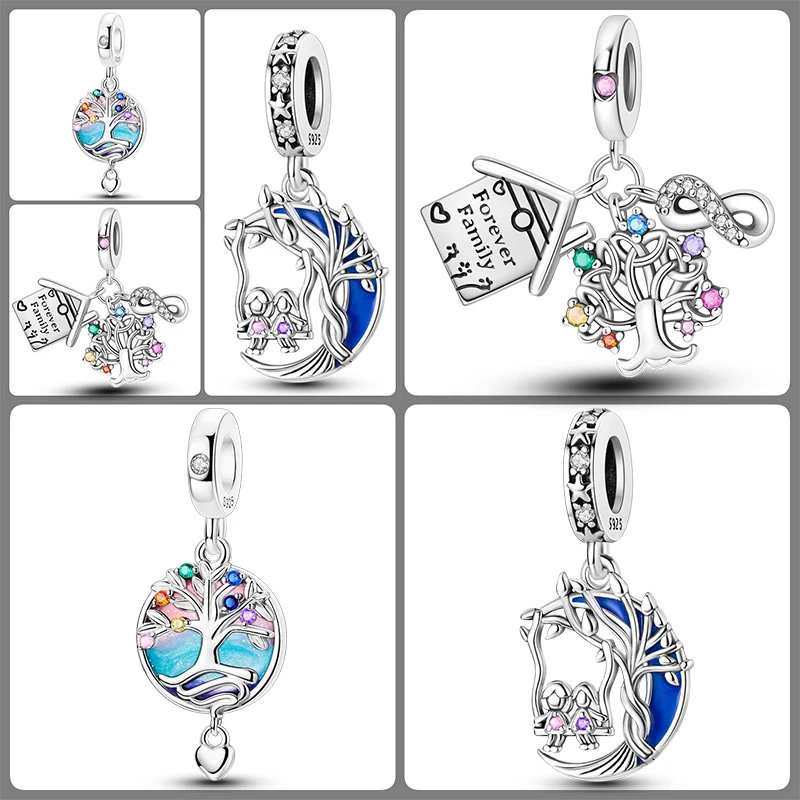 3-teiliges 925 Sterling Silber Lebensbaum-Charm-Set Familienbaum Herz Mond Sonne Schmetterling DIY Original Armband Halskette für Frauen – Detail 5