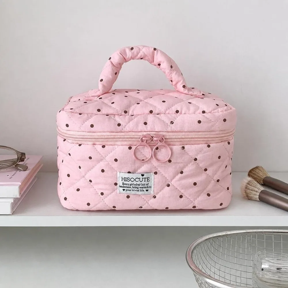 New Polka Dot Pattern Quilted Makeup Bag With Handle Large Capacity Cosmetic Bag Multipurpose Travel Toiletry Organizer Women