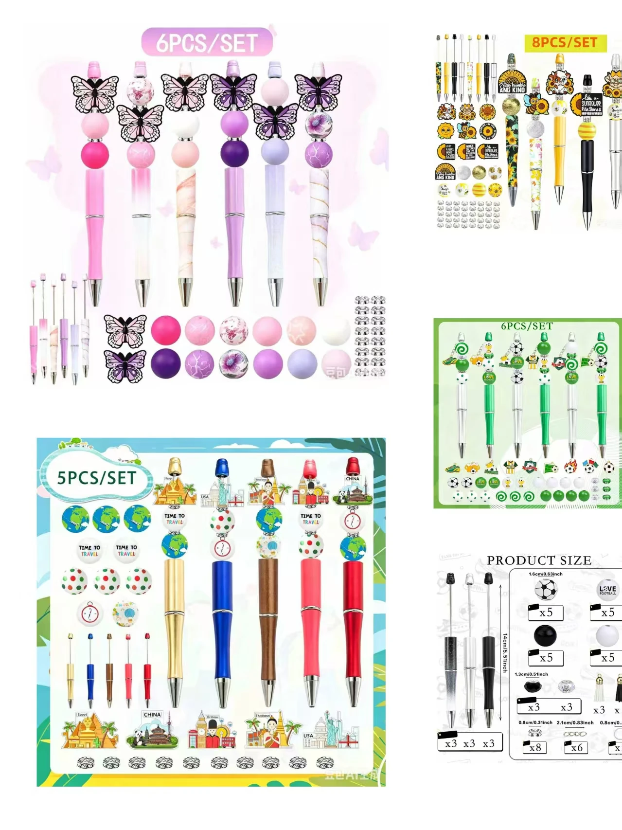 

Creative Football Tassel Beaded Pen Sports Colorful Butterfly Sunflower Theme DIY Beaded Pen Ballpoint Pen Set Stationery Event