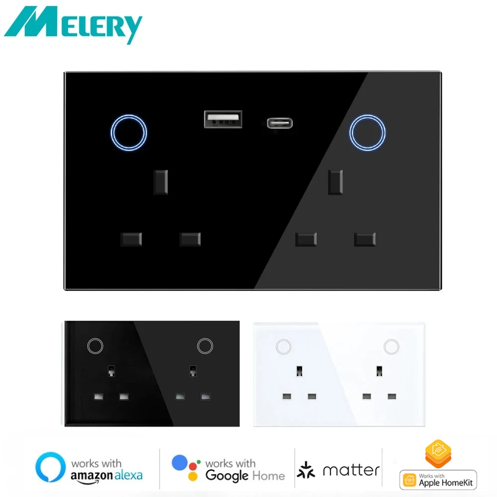 Melery Matter الأشياء الذكية Tuya USB نوع C PD 20 واط مقبس الحائط المملكة المتحدة التوصيل منفذ الطاقة الزجاج اللمس التبديل عن بعد أليكسا جوجل المنزل
