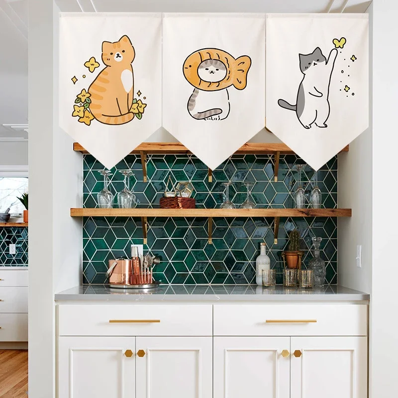 Cute Cartoon Cat Triangle Flag Partition Doorway Curtain Pet Printing Hanging Pennant Kitchen Cabinet Bedroom Curtains