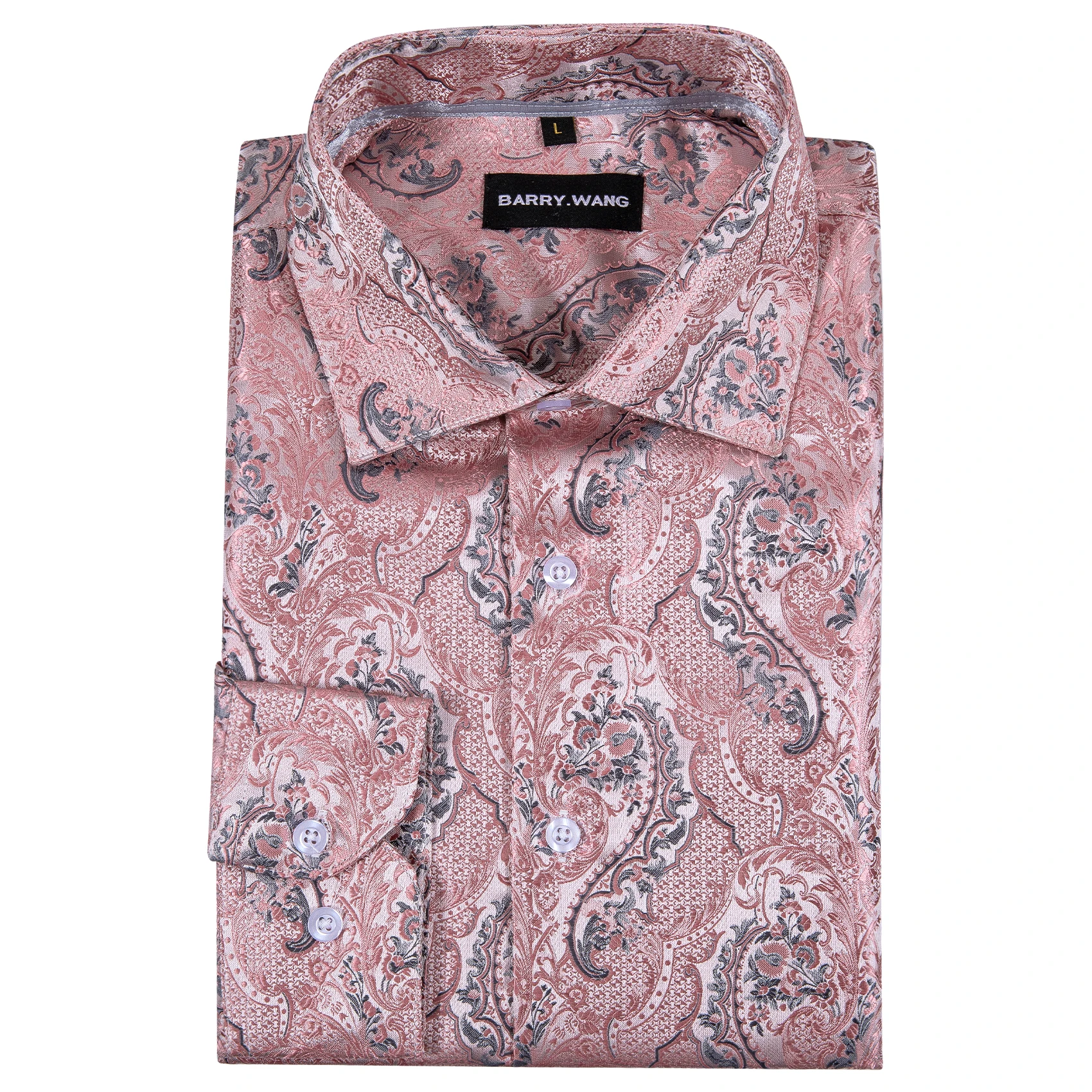 Exquisite Silk Shirts for Men Pink Floral Four Seasons Lapel Long Sleeve Embroidered Casual Fit Party Wedding Barry.Wang CY-0419