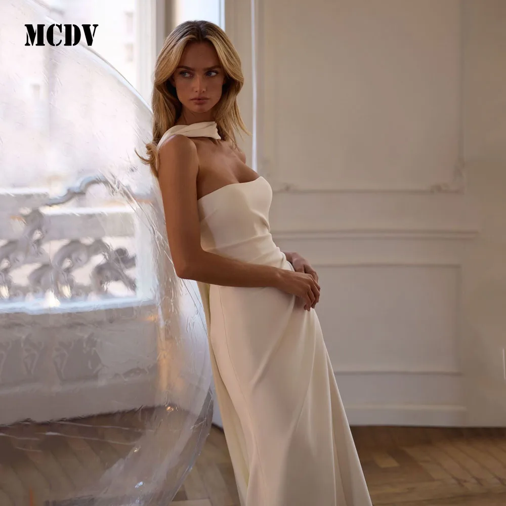 MCDV Pleat Elegant Satin Bride Gowns Strapless Mermaid Side Split Sexy Ivory Wedding Party Dress Ribbons Sweep Train Customized