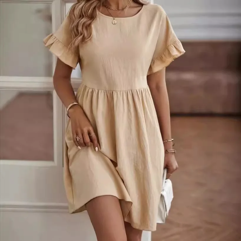 

Summer Women's Dress O-neck Short Sleeve Cotton Linen Blend Loose Solid Color Pocket Fashion Rest Mini Skirt