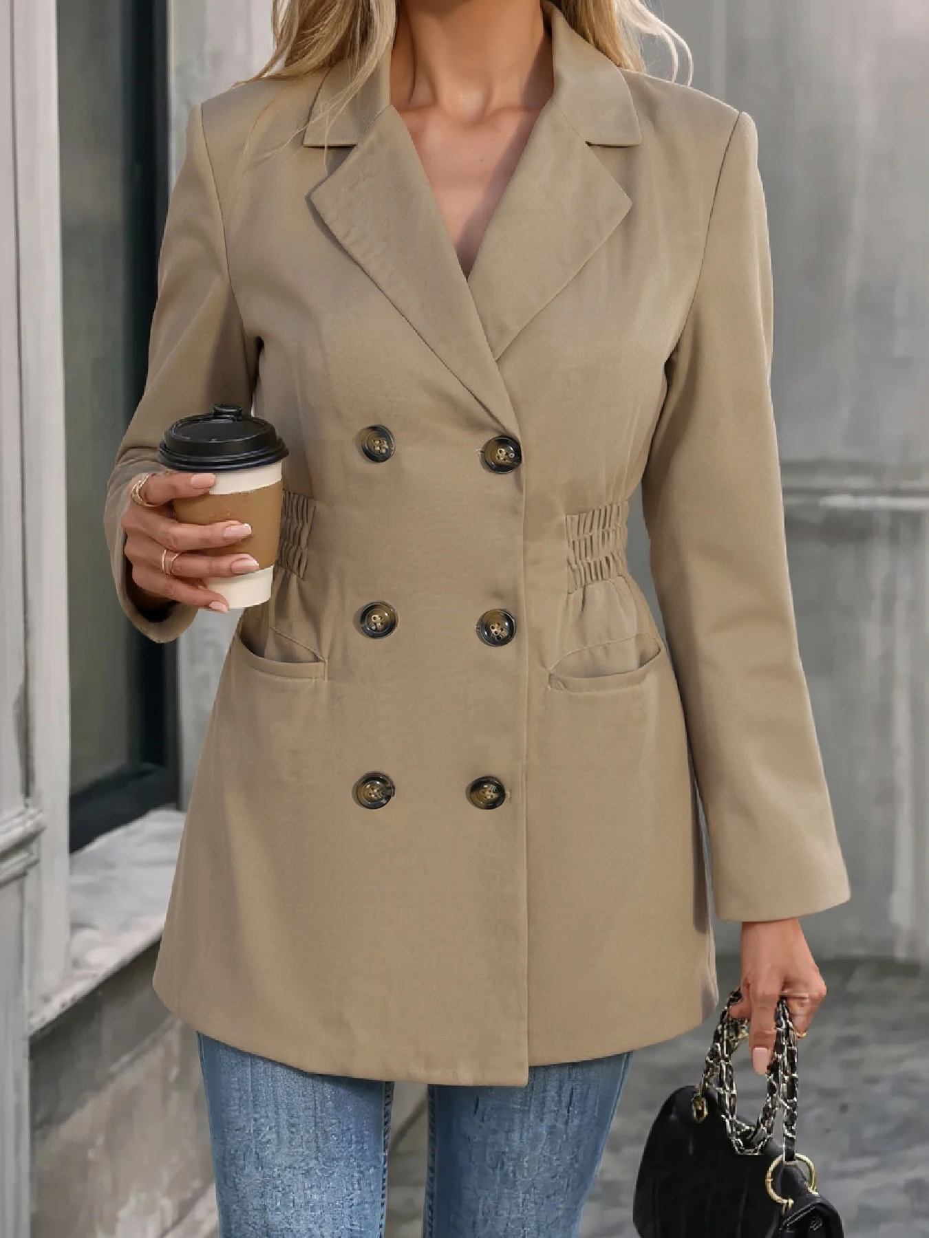 

Women's Fashion Commuter Turn-Down Collar Blazer Jacket Long Sleeve Elastic Waist Belt Button Versatile Pocket Suit Blazer