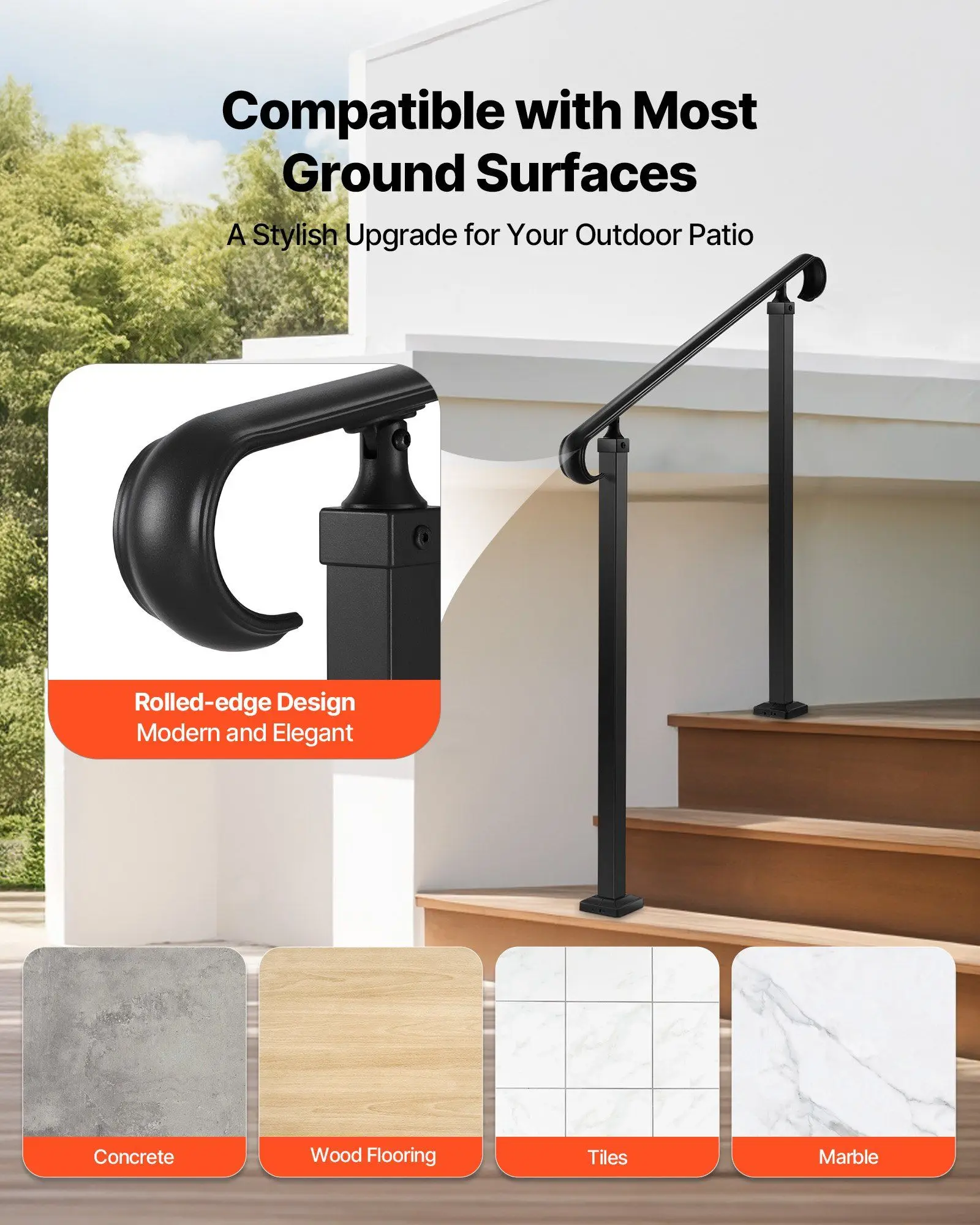 Pasamanos exterior de gran resistencia y baja para escalones, 2-3 niveles, 685 mm de alcance, capacidad de 220 lb, kit de fácil ajuste, negro mate