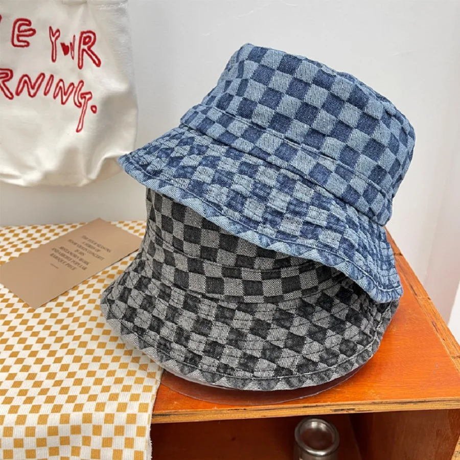 Hat brim width: Washed chessboard plaid denim flat top foldable soft brimmed fisherman hat for women\'s spring and summer new cas