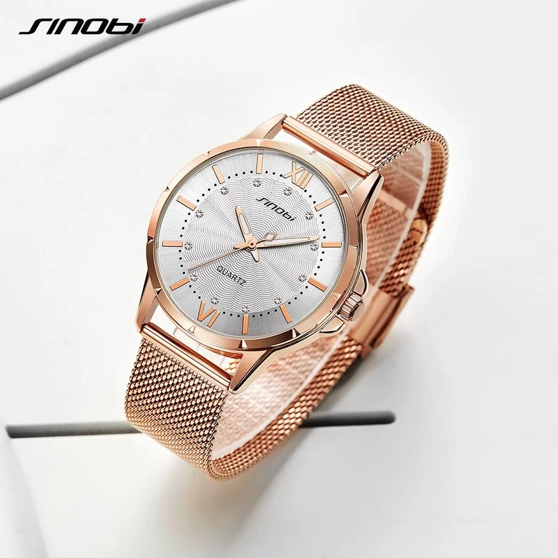 

SINOBI Luxury Elegant Women Quartz Watch 37mm Dial Classic Rosegold/Silver Diamond Ladies Stainless Steel Wristwatch for Female