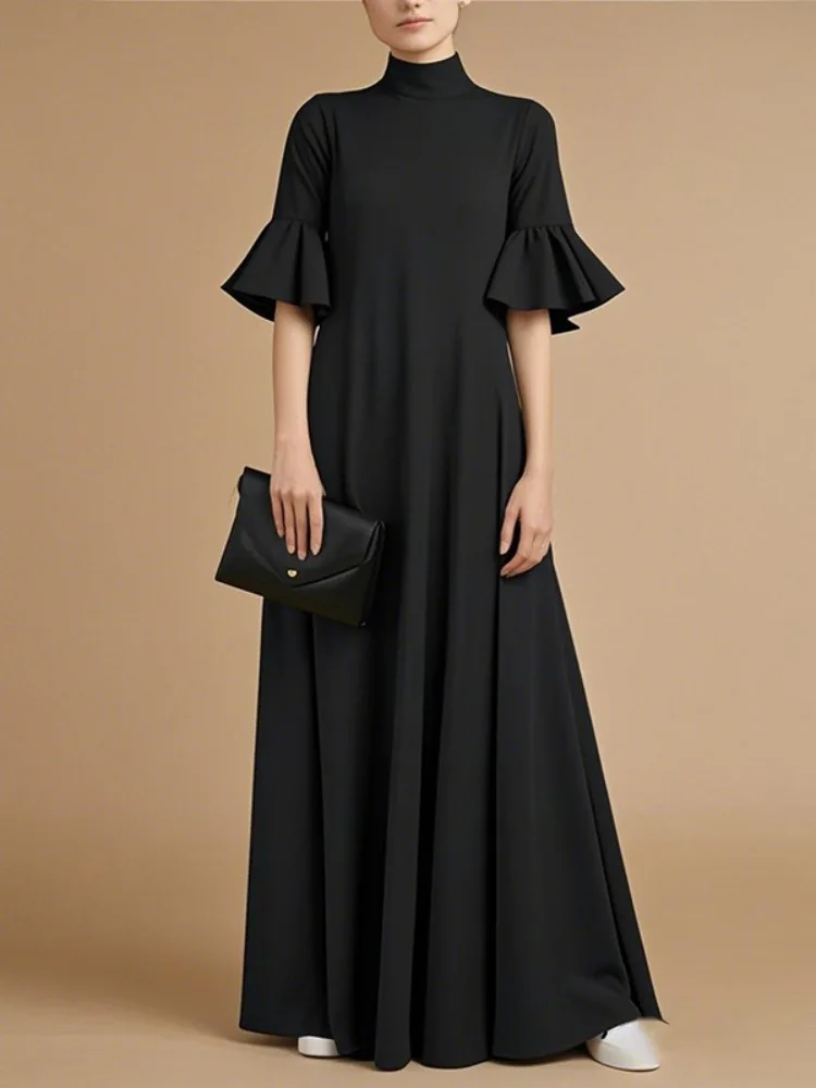 UOOZEE Women's Black Church A-Line Maxi Dress Flared Sleeves Pleated Solid Color Stand Collar Elegant Evening Long Dresses 2025