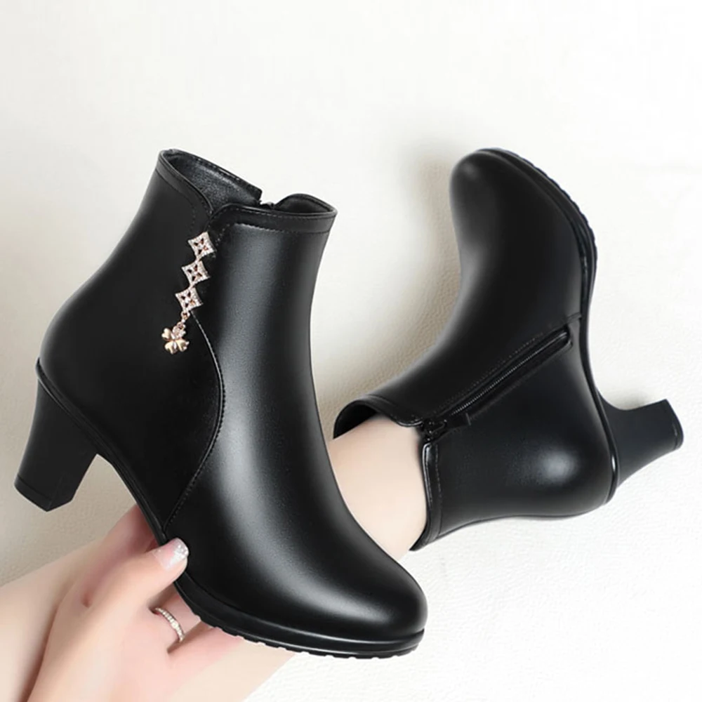 Leather thick-heeled boots women autumn and winter suede slip-on soft-soled mid-heeled boots round head cotton mother shoes