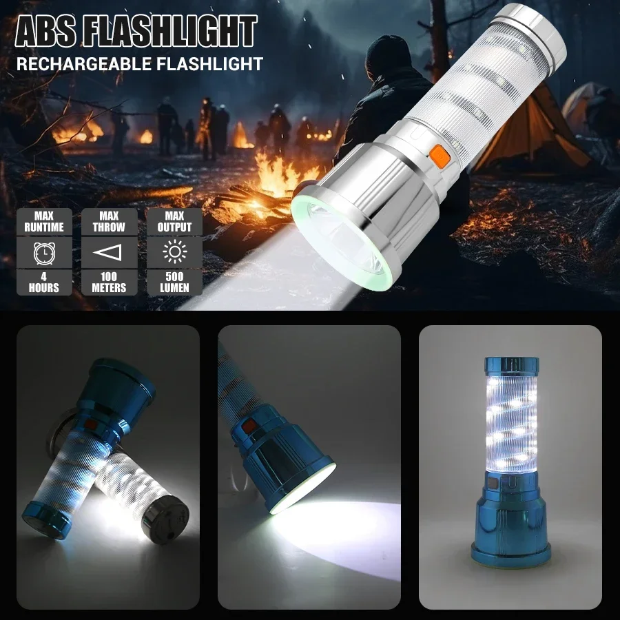 ไฟฉาย LED พลังงานสูง ไฟฉายตั้งแคมป์พร้อมไฟด้านข้าง ชาร์จ USB ได้ ใช้ในกรณีฉุกเฉิน พกพาสะดวก โคมไฟมือถือ 5 โหมดแสงสว่าง