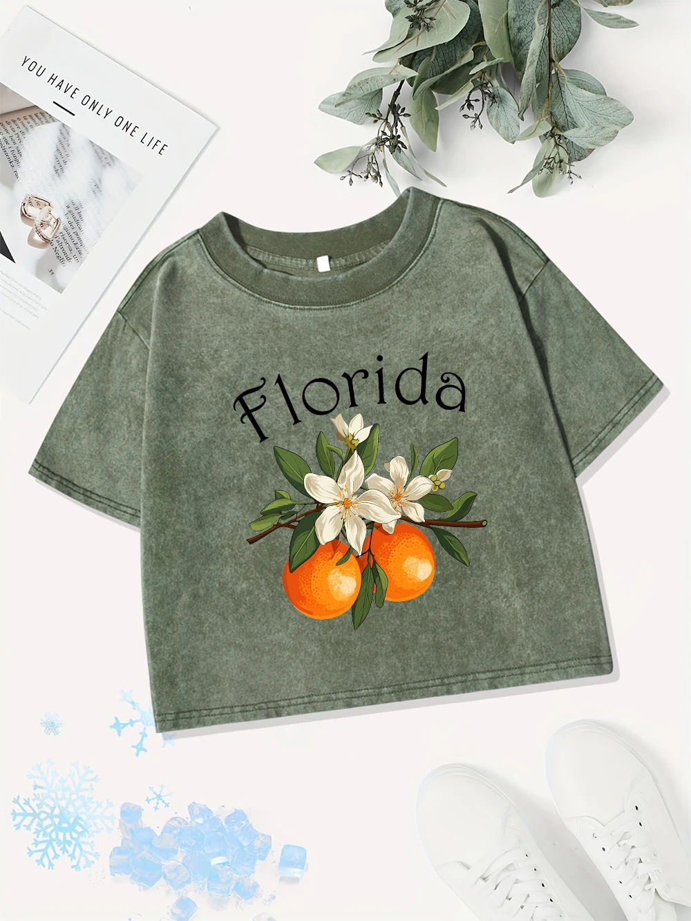 Y2K Baumwolle Crop Tops Frauen Frische Orangen Aus Florida Drucke Gewaschene T-Shirts Casual Regular Fit Oansatz Streetwear Straße Kleidung