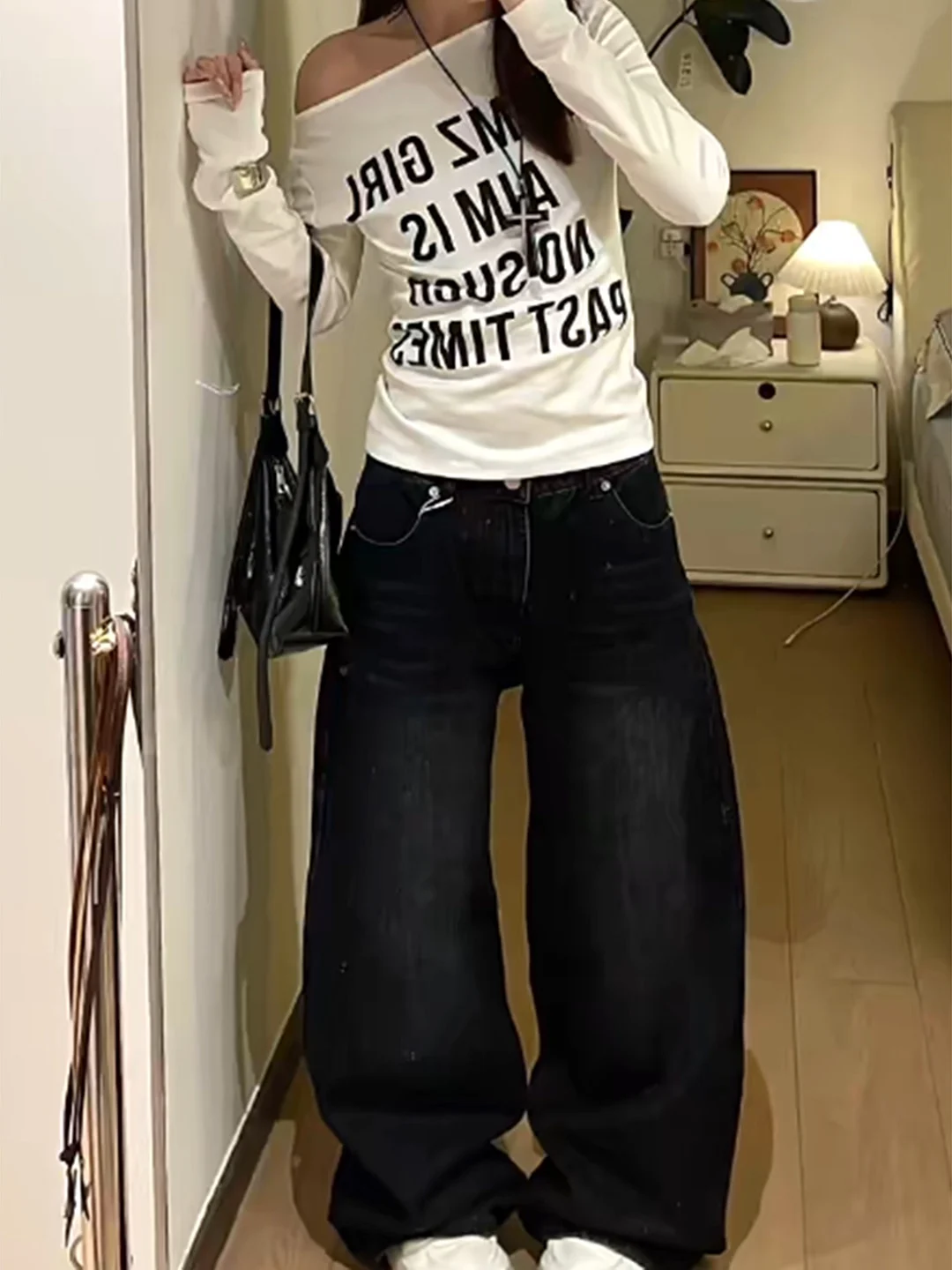 Korean Version Retro Letter Printed Jeans for Women Loose Straight Leg Wide Leg Pants High Street Hip-Hop Design Casual Pants