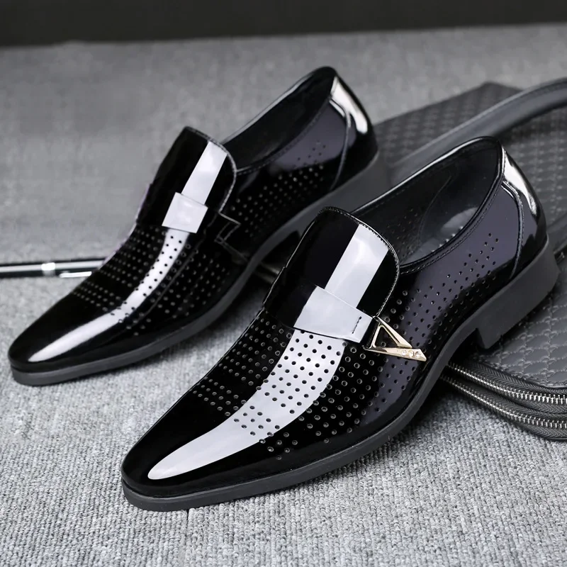 Formal Leather Shoes for Men Concise Slip on Dress Male Footwear Business Office Pointed Summer Breathable Hollow Man Loafers