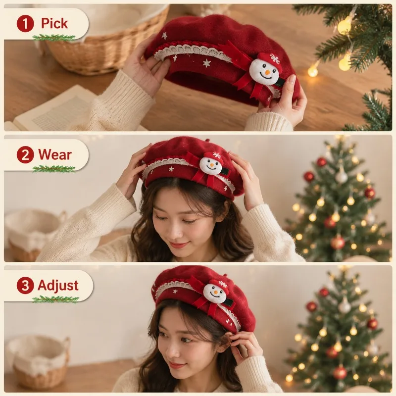 Women Christmas Wool Beret Hat Cute Snowman Xmas Tree Decor Bow Lace Star Warm Winter Cap for Holiday Party Photoshoot Gift