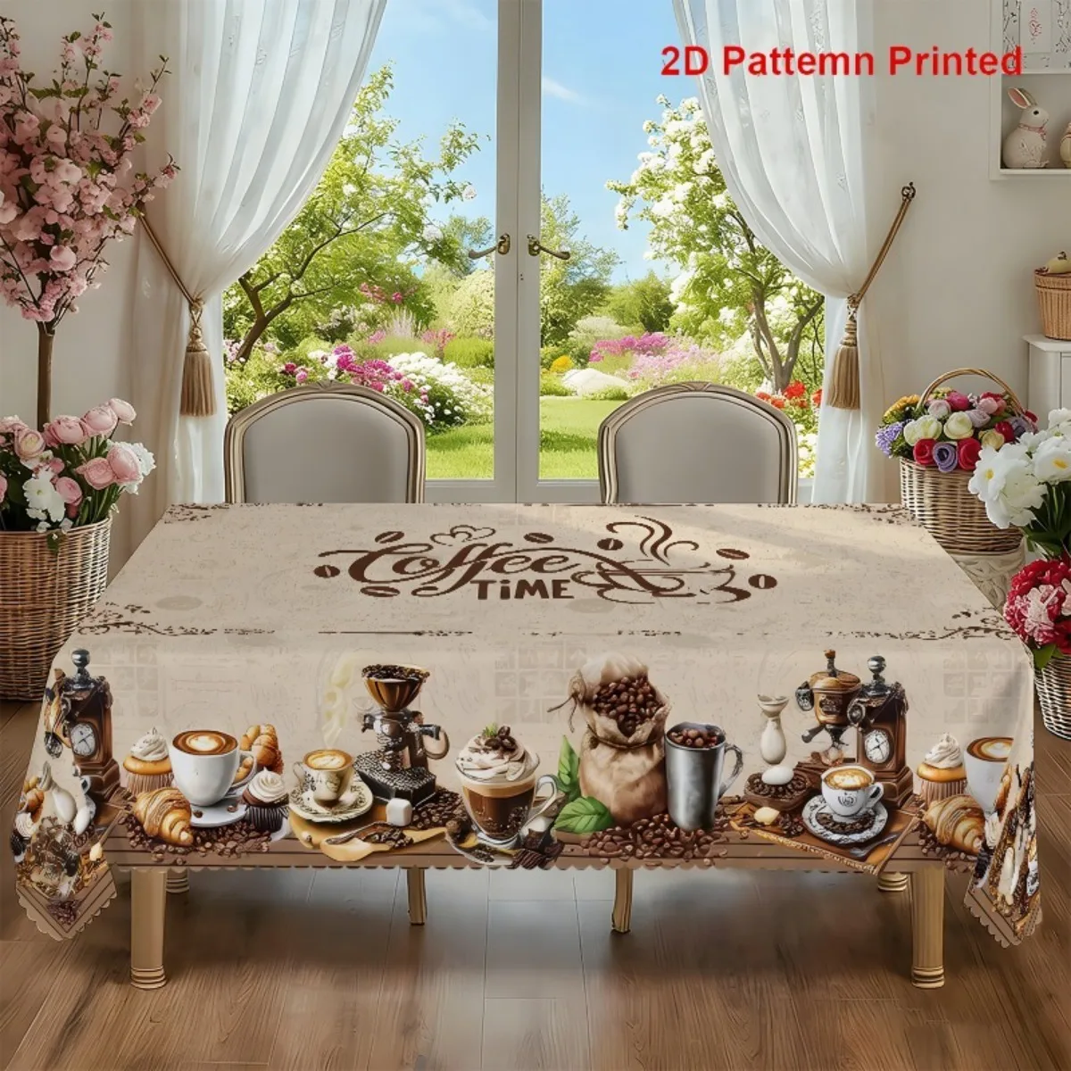 Retro coffee time theme party tablecloth, distressed beige background with coffee beans,