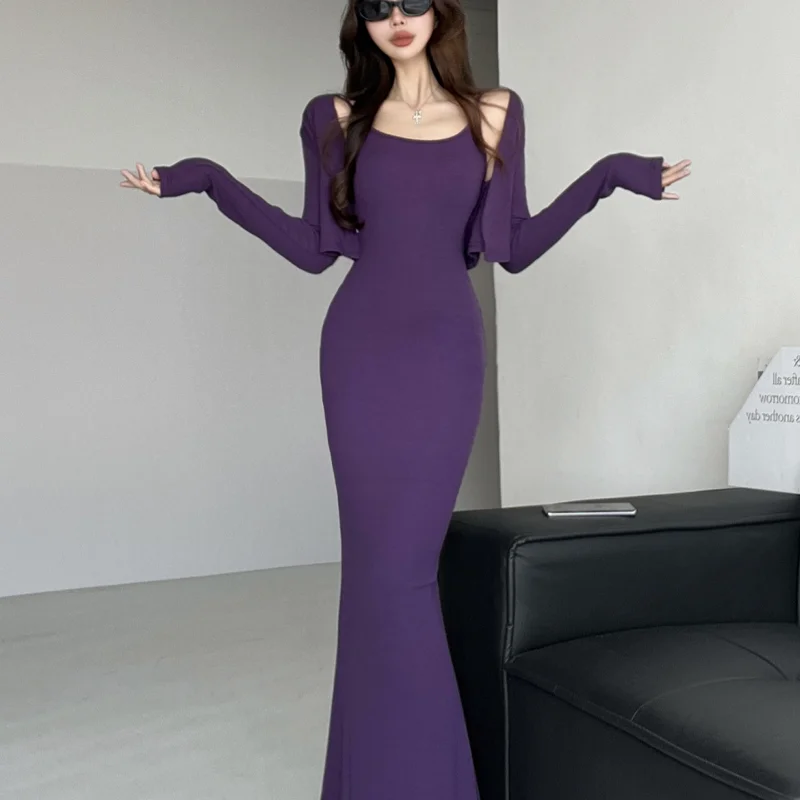 

Сексуальное фиолетовое платье с длинными рукавами и вырезами, подчеркивающее изгибы фигуры, с эффектом утяжки, в стиле кардигана, модное, для весеннего повседневного образа.