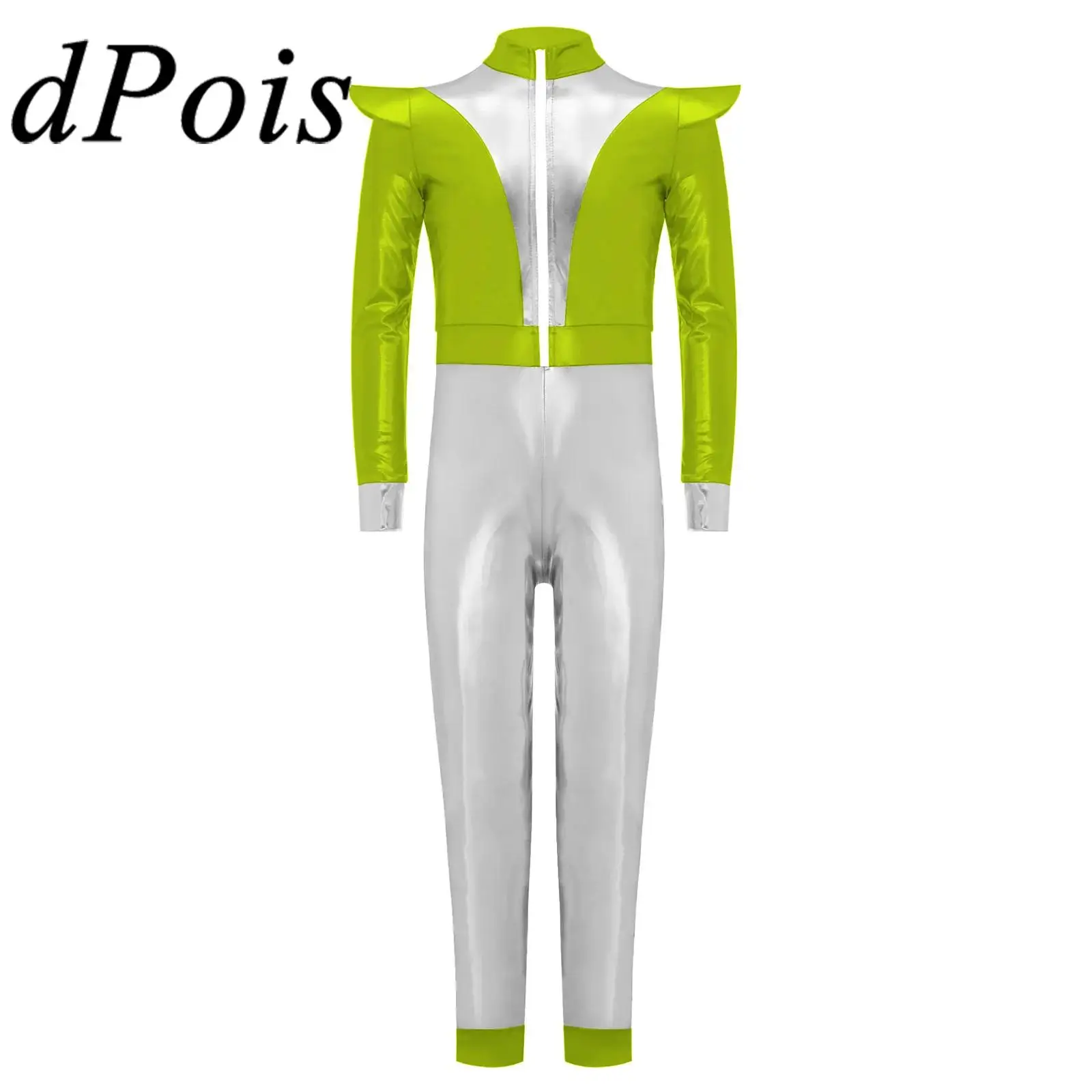 

Детский костюм инопланетянина робота для девочек, комбинезон, карнавальный костюм на Хэллоуин, длинное боди, блестящий металлический костюм для космического пространства, детский карнавальный наряд