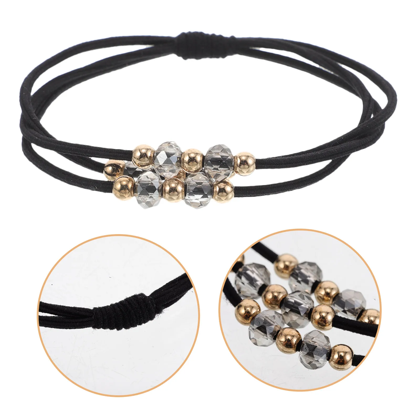 

5Pcs Black Rhinestone Hair Ties Beaded Elastic Ponytail Holders 3-Layer High Elastic Hair Accessories for Women Stylish Formal