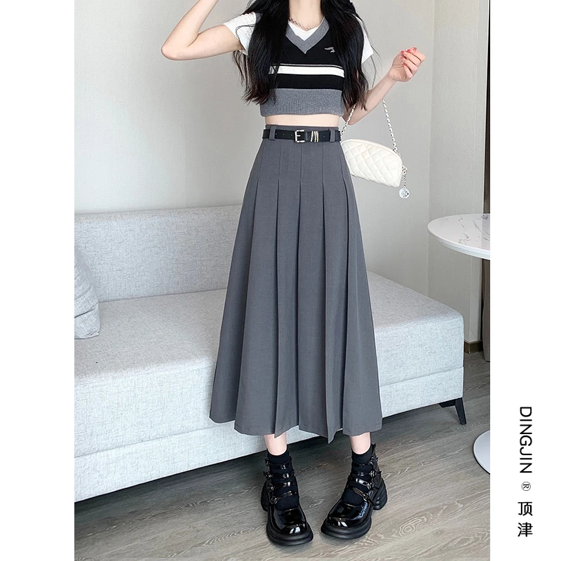 Skirt Skirt Upgraded Suit Fabric with Belt Pleated Skirt Half Skirt Spring Summer New Slimming Skirt Mid-Length Skirt Dress Dres