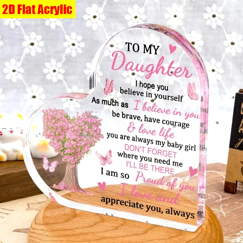 Pink Flower Heart‑Tree Butterfly Heart Acrylic Stand, Loving Parent‑to‑Daughter Encouragement Quote Table Ornament