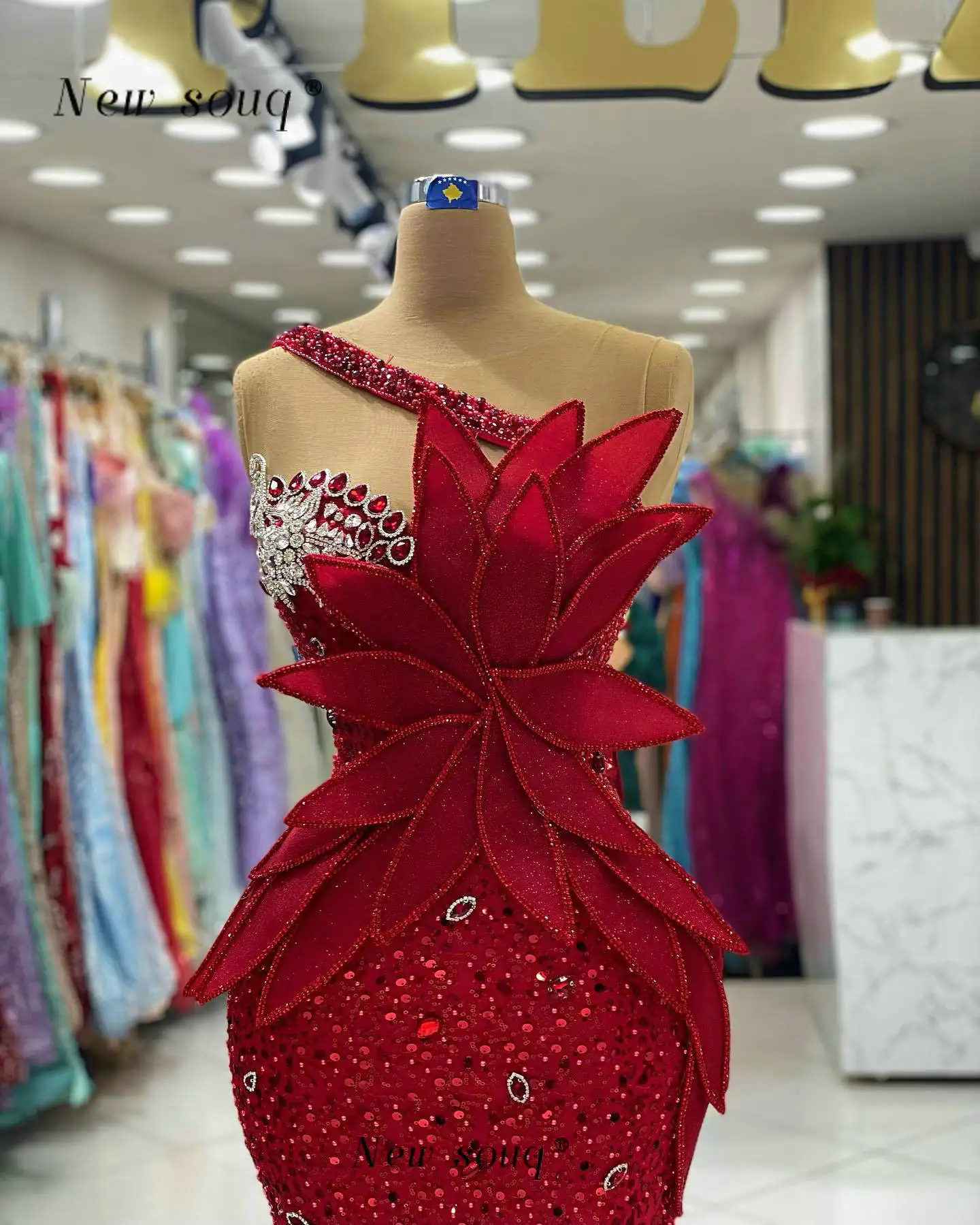 New In Red Sparkle Dubai Mermaid Evening Dresses 2024 Long Sleeveless 3D Leaves Designer Events Prom Gowns for Wedding Party