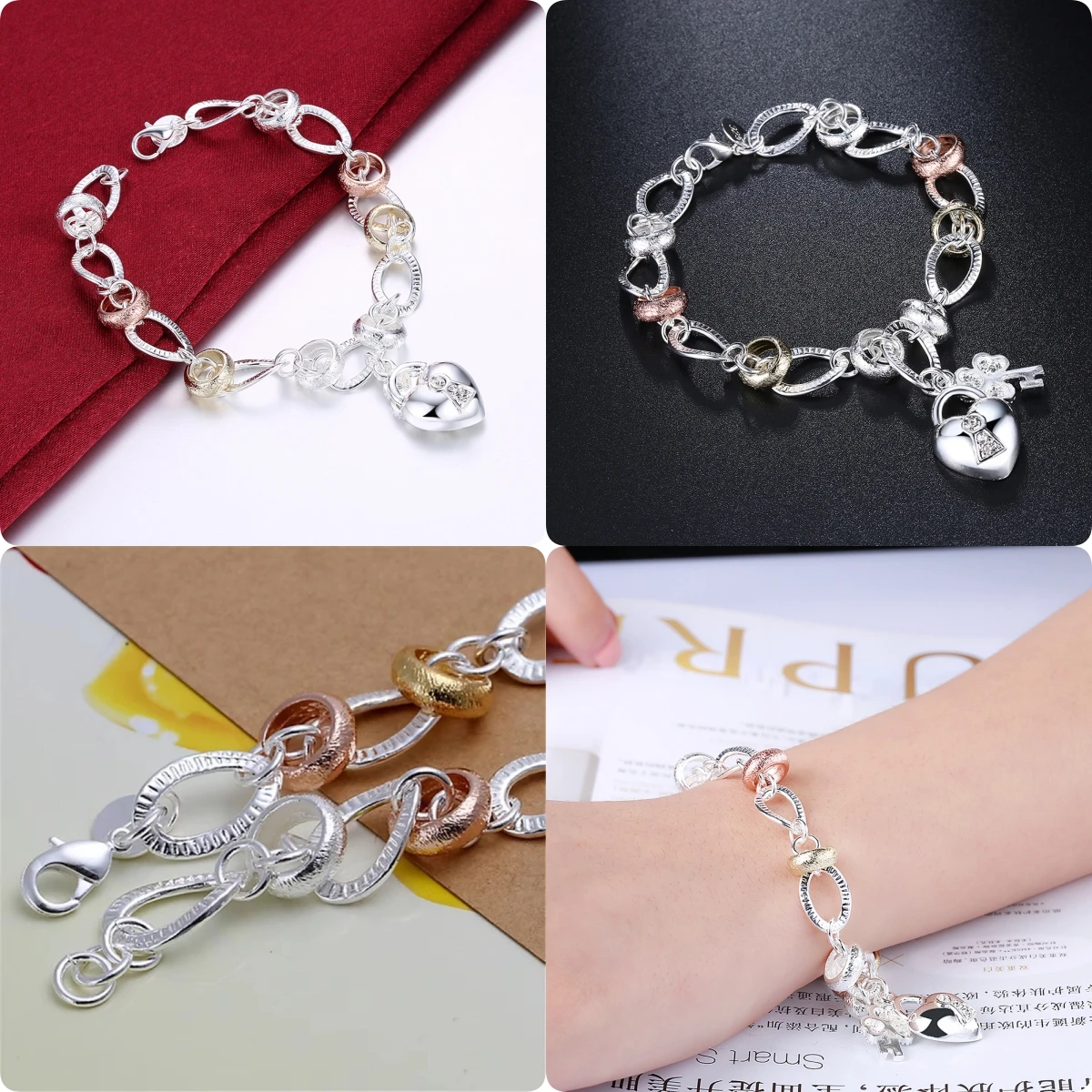 Hot sales 925 sterling Silver Bracelets pretty Heart key for Women lover Wedding Engagement Jewelry Fashion Valentine's Day Gift