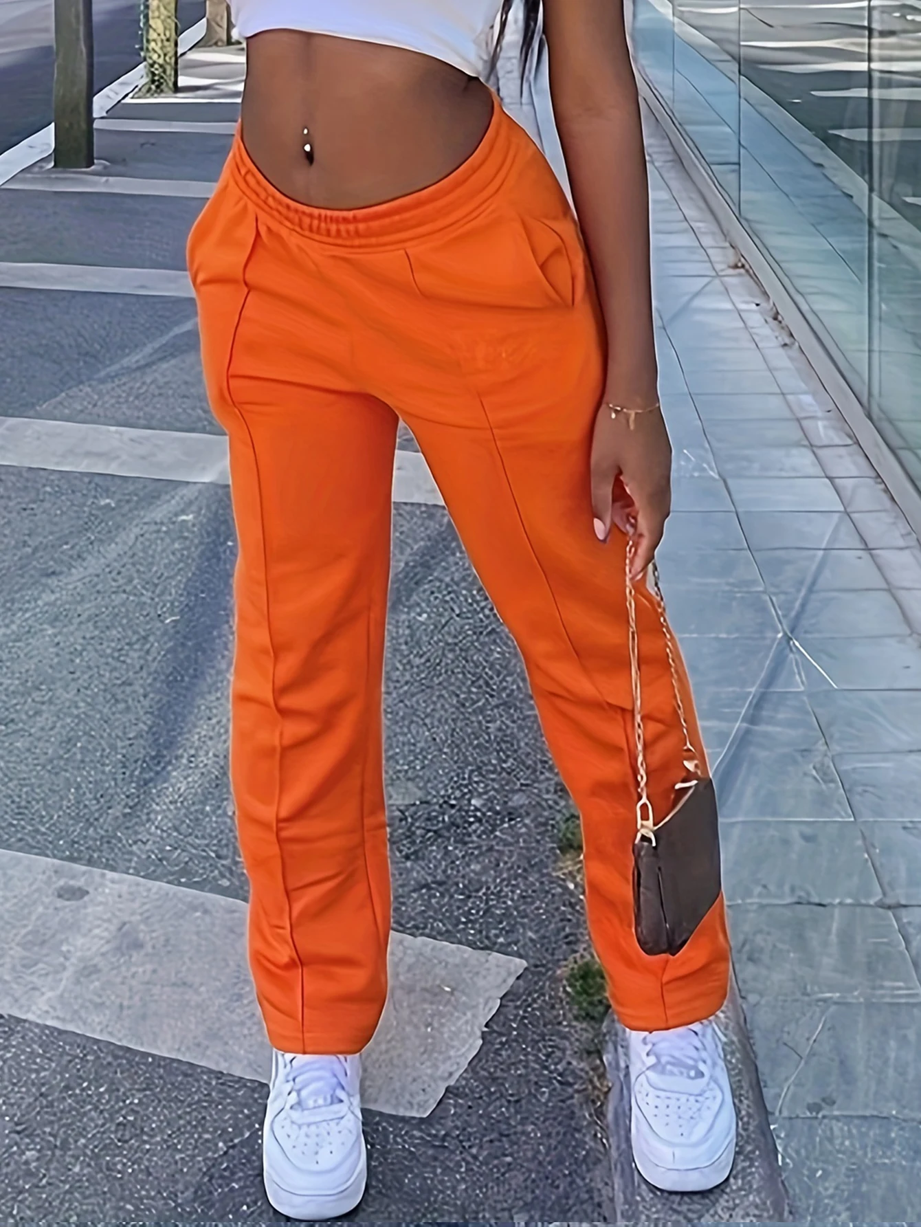 Women's Casual Wide Leg Pants Versatile Straight Cut Orange Trousers for All Seasons