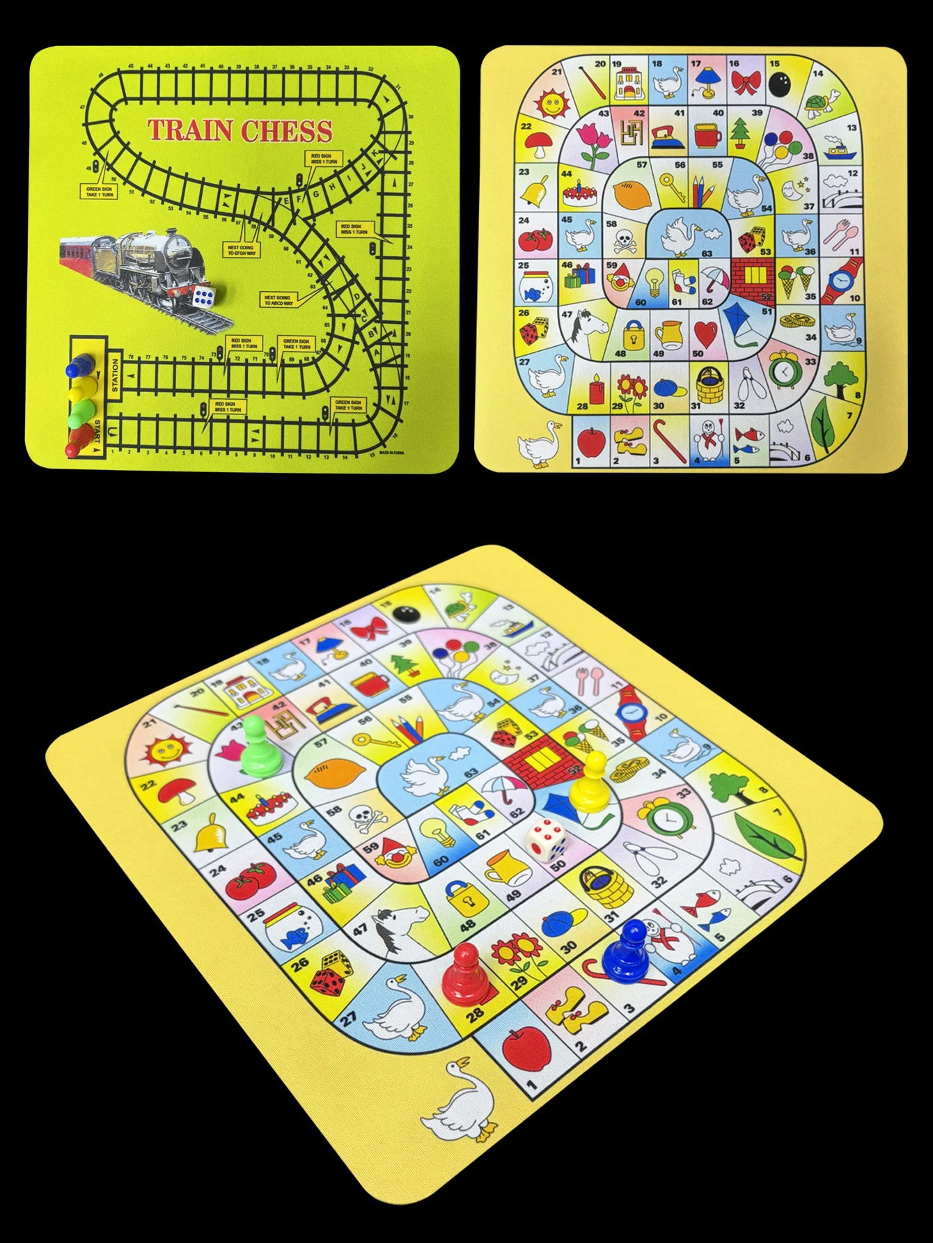 Neues 2-in-1-Spielset: Traditionelles Gänse-Spiel – Eisenbahnstreckenspiel mit Gummi-Spielbrett, Plastikfiguren, Familien-Würfelspiel
